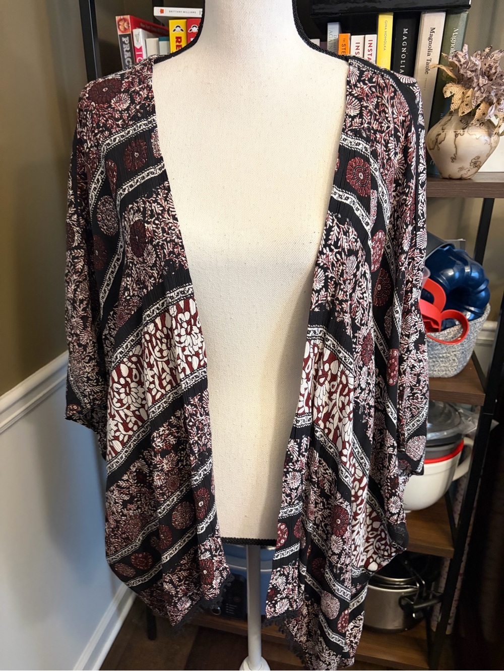 RDI Open-Front Floral Stripe Cardigan - Black & Burgundy